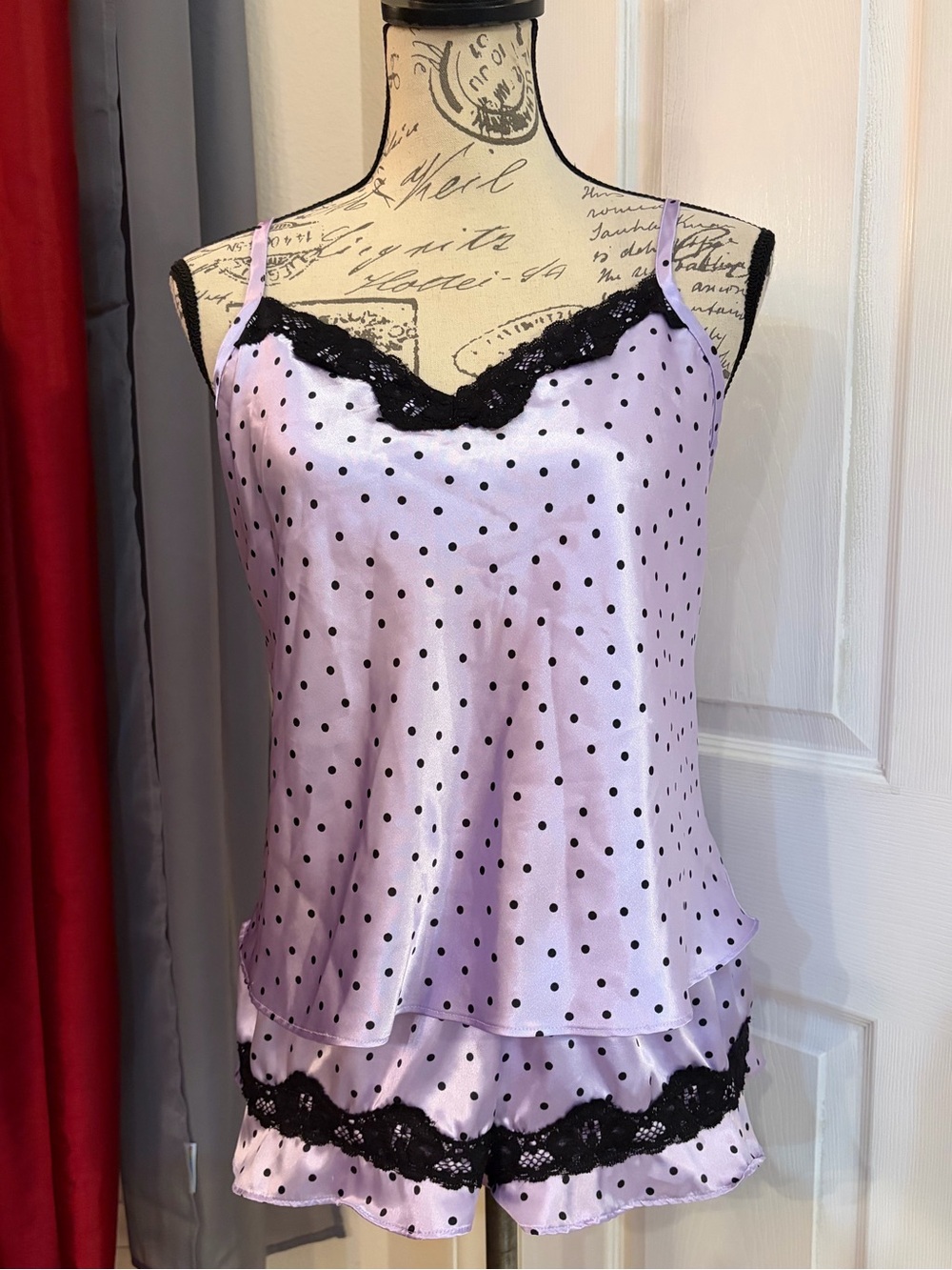 George Lavender Polka Dot Lace-Trim Satin Cami & Short Set